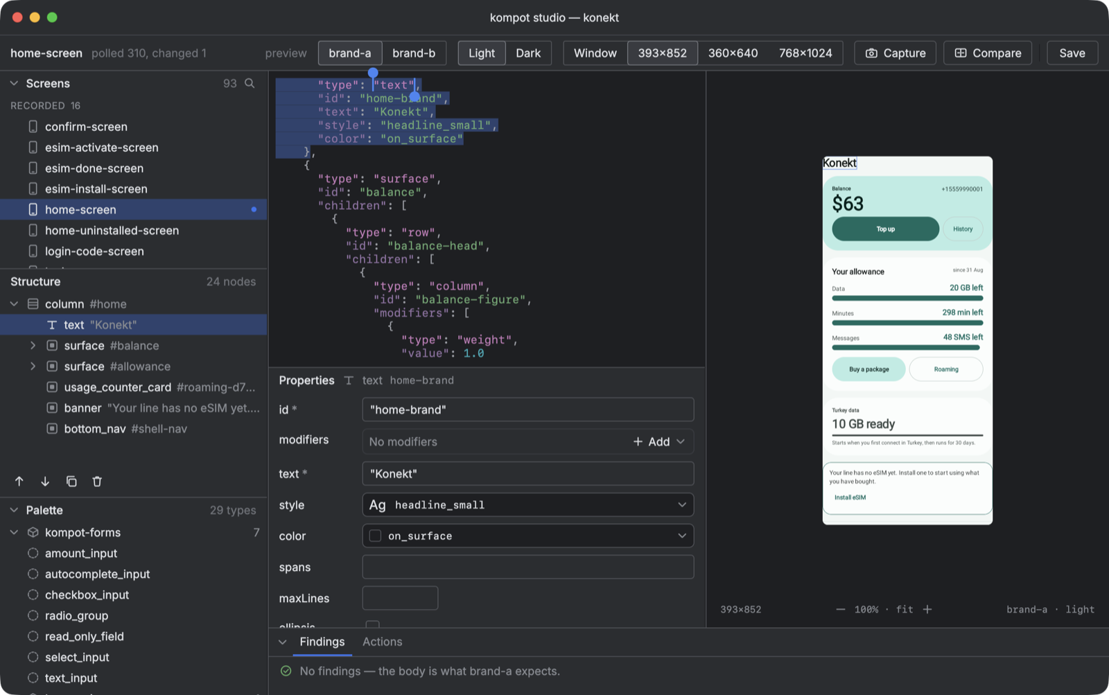 kompot studio open on a consumer's build: the screen list and structure on the left, the JSON with the inspector in the middle, the preview in the brand frame on the right